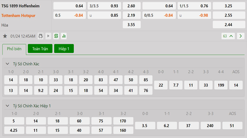 Tỷ lệ kèo Hoffenheim vs Tottenham Tỷ lệ kèo Hoffenheim vs Tottenham